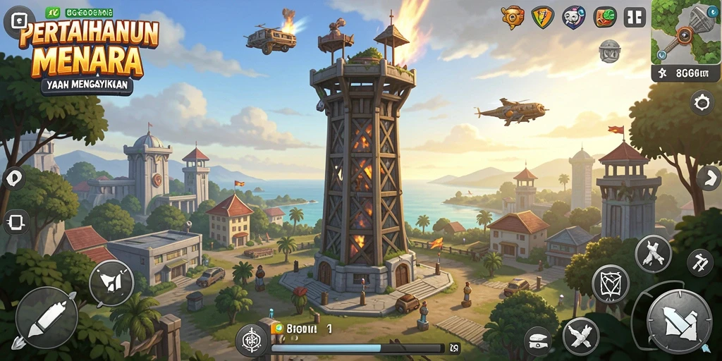 Tangkapan layar utama menampilkan aksi seru dalam gameplay Tower Defense.