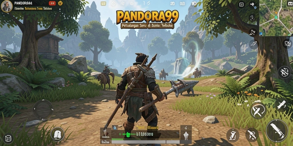 Screenshot gameplay PANDORA99 menampilkan karakter menjelajahi dunia luas yang indah.