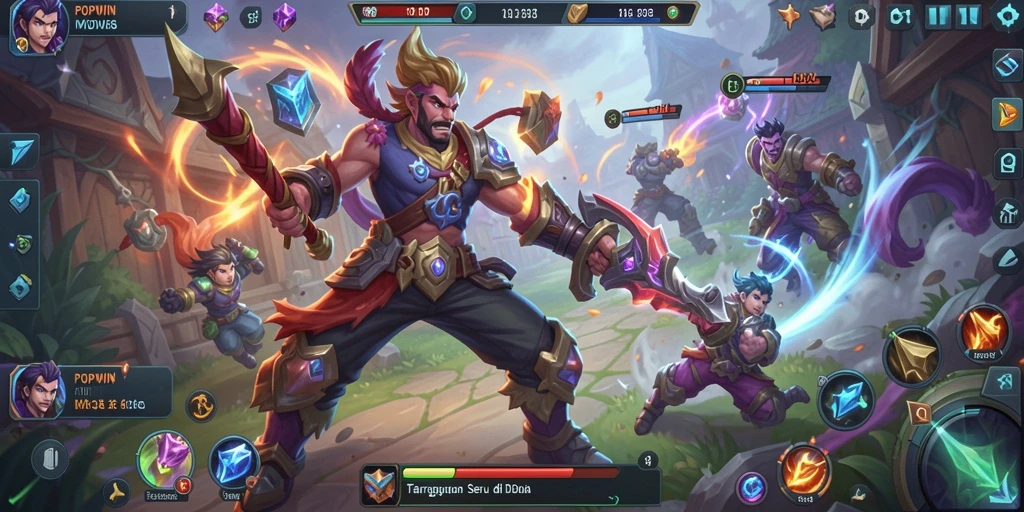 Screenshot aksi pertarungan dalam gameplay MOBA POPWIN yang mendebarkan.